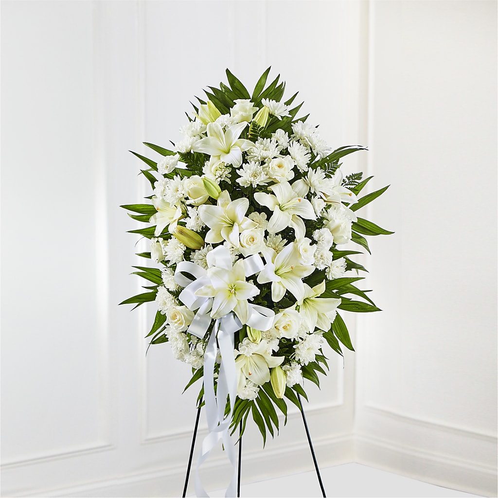 Exquisite Tribute Standing Spray-White Ribbon – AARON'S FLOWERS, La Vista NE
